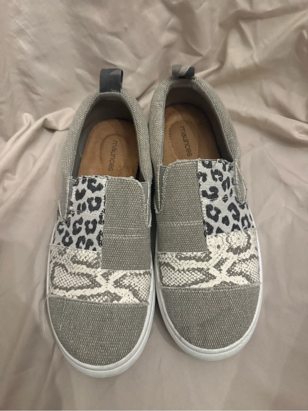 Maurices Gray Slip-On Sneakers with Leopard and Crochet Accents